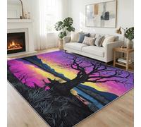Générique Tapis Salon Lavable à Poils Ras Courts 160 x 230 cm, Tapis de Couloir Doux Antidérapant Moderne Nature Arbres Crépuscule pour Chambre Salon Entrée, Violet