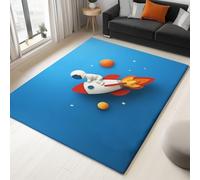 Générique Tapis Salon Lavable Astronaute Fusée Et Planète Cartoon 60 x 90 cm Moquette Interieur, Bleu Doux Antidérapant Flanelle Tapis pour Salon Chambre à Coucher d'enfant Entrée