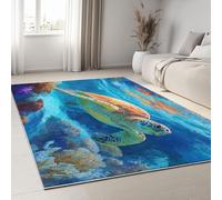 Générique Tapis Salon Lavable Bureau Entrée Adulte 120 x 160 cm, Doux Tapis Chambre Bleu Léger Antidérapant Rêveuse Corail Tortue des Profondeurs Imprimé Rectangle Poil Court