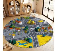 Générique Tapis Salon Lavable Rond Carte De Ville Et Icônes Cartoon 60 cm Moquette Rond Interieur, Gris Doux Antidérapant Flanelle Tapis pour Salon Chambre à Coucher d'enfant Entrée