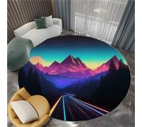 Générique Tapis Salon Lavable Rond Route Rétro Au Néon Montagnes Et Forêts 160 cm Moquette Rond Interieur, Noir Doux Antidérapant Flanelle Tapis pour Salon Chambre à Coucher d'enfant Entrée