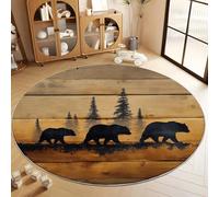 Générique Tapis Salon Lavable Rond Style Campagne Mur en Bois Ours Noir Pins 120 cm Moquette Rond Interieur, Brun Doux Antidérapant Flanelle Tapis pour Salon Chambre à Coucher d'enfant Entrée