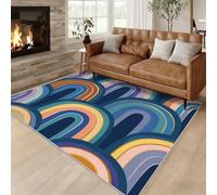 Générique Tapis Salon Moderne du Milieu du Siècle, Grand Tapis Motif Arche Boho Rainbow Chambre 200 x 290 cm, Antidérapant Lavable Doux à Poils Ras, Decoration Maison, Bleu Foncé Orange O-fd10