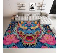 Générique Tapis Salon Mystère Dragon Lotus Lavable Pile Courte et Douce, Rectangulaire Tapis Chambre Intérieur Extérieur Dessous antidérapant 60x90 cm, Bleu