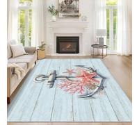 Générique Tapis Salon Nautique 200x300 cm, Tapis Motif Ancre Bois Bleu Antidérapant Poils Ras Doux Lavable pour Chambre, Moquette Décoration Intérieure QAZ50