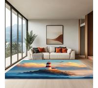 Générique Tapis Salon Phare Moderne Île Ciel 180 x 240 cm Lavable en Machine Moquette Poil Court Bleu-Vert, Tapis Moderne pour Salon Chambre, Cuisine(Dessous Antidérapant)