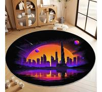 Générique Tapis Salon Rond 180 cm Tapis Rond Rétro-Futurisme Paysage Urbain Architecture, Moquette Ronds Lavable Noir - pour Chambre et Salle à Manger Doux Antidérapant Anti-Peluche Runner de Couloir