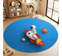 Générique Tapis Salon Rond Astronaute Fusée Et Planète Cartoon 100 cm Tapis Rond, Chambre Impression 3D Moderne Bleu Moquette Antidérapant Lavable Machine pour Salon Salle à Manger Bureau