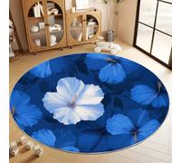 Générique Tapis Salon Rond Doux Antidérapant 100 cm Hibiscus Bleu Et Blanc Japonais Tapis de Chambre Rond Poil Ras Moderne, Antidérapant Moquette Ronds- pour Chambre à Coucher Couloirs Salon Cuisine
