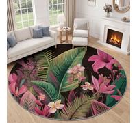 Générique Tapis Salon Rond Plante Fleur avec Envers Antidérapant et Lavable pour Chambre à Coucher, Cuisine, Chambre d'enfant, Descente de Lit - Noir Tropical Classique Poil Ras Tapis 120 cm