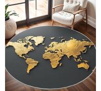 Générique Tapis Salon Rond Poil Ras 100 cm Mappemonde DoréE, Moderne Doux et Moelleux Tapi De Salon Lavable, Noir Tapis Rond Antidérapant pour Décoration de Chambre d'enfant