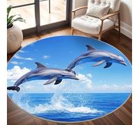 Générique Tapis Salon Rond Poil Ras 100 cm Saut de Dauphin, Moderne Doux et Moelleux Tapi De Salon Lavable, Bleu Tapis Rond Antidérapant pour Décoration de Chambre d'enfant