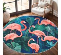 Générique Tapis Salon Rond Poil Ras 200 cm Flamant Rose, Moderne Doux et Moelleux Tapi De Salon Lavable, Plantes Tropicales Vertes Tapis Rond Antidérapant pour Décoration de Chambre d'enfant