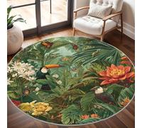 Générique Tapis Salon Rond Poil Ras 80 cm Plantes Et Animaux Tropicaux, Moderne Doux et Moelleux Tapi De Salon Lavable, Vert Foncé Tapis Rond Antidérapant pour Décoration de Chambre d'enfant