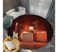 Générique Tapis Salon Rond Surréalisme Batterie Guitare 60 cm Tapis Rond, Chambre Impression 3D Moderne Brun Moquette Antidérapant Lavable Machine pour Salon Salle à Manger Bureau