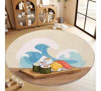 Générique Tapis Salon Rond Sushi De Dessin Animé Vagues 160 cm Tapis Rond, Chambre Impression 3D Moderne Beige Moquette Antidérapant Lavable Machine pour Salon Salle à Manger Bureau