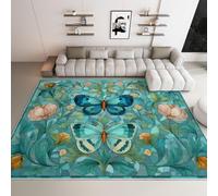 Générique Tapis Salon Style Vitrail Papillon Lavable Pile Courte et Douce, Rectangulaire Tapis Chambre Intérieur Extérieur Dessous antidérapant 80x150 cm, Bleu-Vert