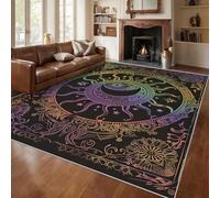 Générique Tapis Soleil et Lune, Grand Tapis Salon 120x120 Mystique Bohème Corps Célestes Carpette Chambre, Flanelle Poil Ras Moelleux - Antidérapa Lavable en Machine H-97