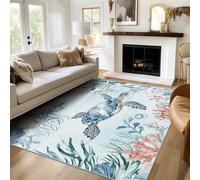 Générique Tapis sous La Mer Lavable 180x200, Tapis Salon Chambre, Motif Tortue Corail Méduse, Antidérapant, Poil Court, Doux, Decoration Maison