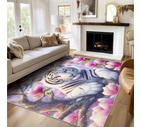 Générique Tapis Tigre Blanc, Grand Tapis de Chambre Salon, Motif Fleur De Magnolia Rose, 160x230, Antidérapant, Lavable, Doux, Poil Ras, Decoration Maison
