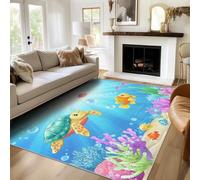 Générique Tapis Tortue Poisson Corail Lavable 200x300, Tapis Salon Chambre, Motif Animé Océan Animaux, Antidérapant, Poil Court, Doux, Decoration Maison