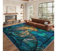 Générique Tapis Vitrail 100 x 150 cm, Grand Tapis Décoration Salon Chambre, Motif Chèvre Capricorne Abstraite, Antidérapant Lavable Doux à Poils Ras, Bleu Or O-fd14