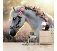 Générique tapisserie murales papier peint 350x260cm Cheval Blanc Avec Des Tresses De Fleurs papier peint chambre adulte Impression murale en toile à l’huile,sans joint,parfaite pour espace de lecture