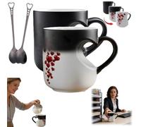 Générique Tasse À Couleur Changeante En Forme De Cœur, Tasses À Eau Fantaisie En Forme De Cœur Avec Poignée, Design Thermochromique Révélateur De Magie, Cuillère Incluse(Black*2)