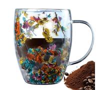 Générique Tasse en verre double paroi avec fleurs séchées - Gobelet isolé avec poignée, verre artisanal anti-chaleur et froid, design floral, boissons chaudes et froides, cadeau pour proches