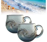 Générique Tasse en verre faite à la main avec motif vague de mer, design texturé inspiré de l'océan, vaisselle artistique pour boire du café, du thé et des boissons sur le thème de la plage (B#2Pcs)