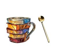 Générique Tasse en verre peinte à la main | Tasse à lait en forme de livre - Tasse à café empilable pour café, bière et boissons (cuillère incluse)