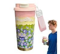 Générique Tasse Isotherme | Gobelet Isotherme de Voyage 500ml avec Sangle | Motif Floral Double Système d'Écoulement Bouchon et Dragonne Boissons Chaudes Froides Maison École Camping