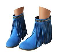 Générique Tassel Pointed Toe Short Women's Boots Fashionable Casual Suede Slip Retro Ankle Boots Chaussures Compensées (Blue, 38)