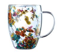 Générique Tasses en verre anti-brûlure à poignée ergonomique, Tase à cafés en verre à Double couche d'isolation thermique, Tasses à cafée à fleurs isolées,à café en, tasse à café pour anniversaire,