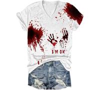 Générique Tee Shirt Femme Halloween,T Shirt Femme Col V À Manches Courtes Haut Bloody Éclaboussures De Sang Horreur Vampire Blood Déguisement Zombie Casual Blouse Confortable Tops
