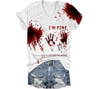 Générique Tee Shirt Femme Halloween,T Shirt Femme Col V À Manches Courtes Haut Bloody Éclaboussures De Sang Horreur Vampire Blood Déguisement Zombie Casual Blouse Confortable Tops