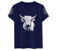 Générique Tee Shirt Femme Respirantes avec Imprimé Vache Highland Mignon T-Shirt Femme Manches Courtes Décontractées Haut Cowboy Baggy T-Shirts Mode Tee Shirts Fantaisie et Amusant pour Cadeau