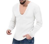 Générique Tee Shirt Homme Manches Longuess Tshirt Col en V T-Shirts Leger Teeshirt Tricot Hauts Respirant Polo Slim Fit Polos Couleur Unie Vêtements Blanc XL