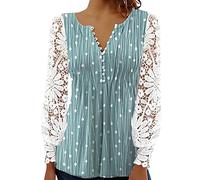 Générique Tee Shirt Manche Longue Femme,Chemisiers Et Blouses Femme Lâche Dentelle Épissure à Manches Longues T-Shirt ÉTé Impression Haut Femme Chic Et Elegant Tunique Femme Longue(Vert,S)