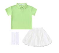 Générique tee shirt tee shirt blanc Ensemble trois pièces chemise jupe volantée manches courtes avec chaussettes(Vert3-4 ans)