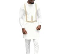 Générique Tenue Africaine Homme Ensemble Traditionnel Tunique à Manches Longues Blanche avec Broderie Dorée Africaine Décontractée, Ensemble Chic et Élégant pour Printemps, Cérémonie et Mariage