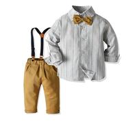Générique Tenue de cérémonie pour bébé garçon de 6 Mois à 9 Ans, Chemise habillée en Coton Doux avec nœud Papillon et Pantalon à Bretelles réglables, Parfait pour Mariage et fêtes (Beige, 8-9 Years)