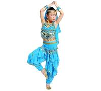 Générique Tenue de danse du ventre pour filles, costume ethnique indien pour spectacles enfants, ensemble en satin doux avec broderie, taille flexible 5-12 ans (Sky Blue, 9-10 Years)