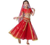 Générique Tenue de danse indienne pour filles, costume de spectacle élastique en tissu léger, parfait pour les fêtes et représentations, taille adaptée aux enfants de 5 à 15 ans (Red, 13-15 Years)