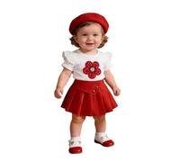 Générique Tenue de Naissance Bebe Fille Ensemble pour Fille T-Shirt Fleuri Manches Courtes Jupe et Chapeau Tenue Estivale Légère (Red, 2-3 Years)