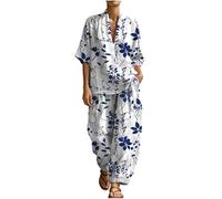 Générique Tenue de Vacances Femme Ensemble Lin 2 Pièces, Haut Ample Col V et Pantalon Fluide Jambe Large, Style Bohème Chic et Élégant pour Plage ou Aéroport, Ensemble Décontracté Grande Taille