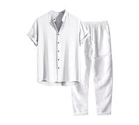 Générique Tenue d'été 2 pièces en lin pour homme, avec boutonnière, pantalon décontracté pour homme, 2 pièces décontractées, en lin, tenue d'été, col cubain, costume de marche