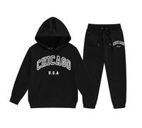 Générique Tenue Enfant Garçon Fille Manches Longues Uni Chaud Sweat à Capuche Pullover Haut Pantalon Mode Décontracté Chicago Imprimé Vêtements Corsage(Black, 7-8 Years)