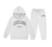 Générique Tenue Enfant Garçon Fille Manches Longues Uni Chaud Sweat à Capuche Pullover Haut Pantalon Mode Décontracté Chicago Imprimé Vêtements Corsage(White, 7-8 Years)