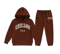 Générique Tenue Enfant Garçon Fille Manches Longues Uni Chaud Sweat à Capuche Pullover Haut Pantalon Mode Décontracté Chicago Imprimé Vêtements Corsage(Brown, 7-8 Years)